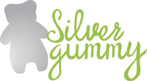 Silver Gummy Foundation logo grey gummy bear with green font