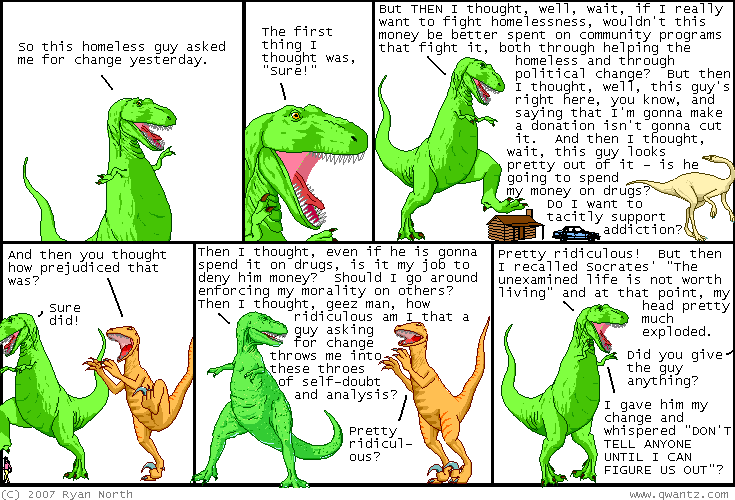 Dinosaur comic about giving money to a homeless person