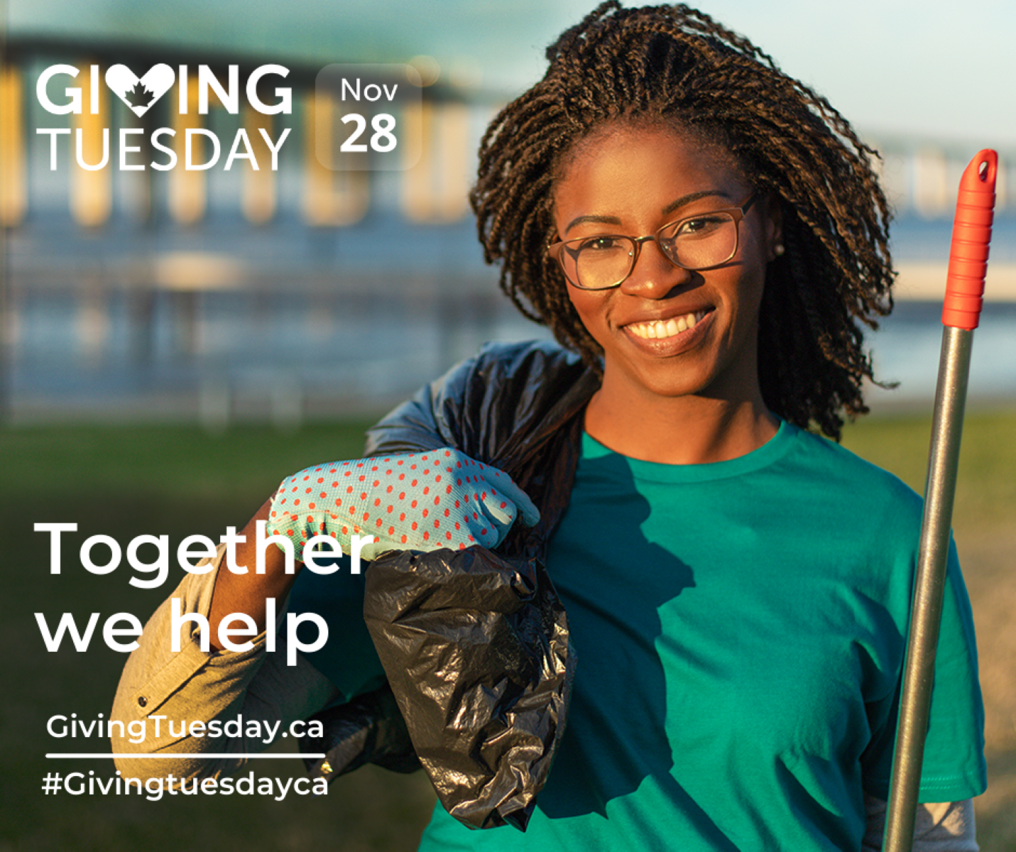 GivingTuesday woman holding garbage bag and broom