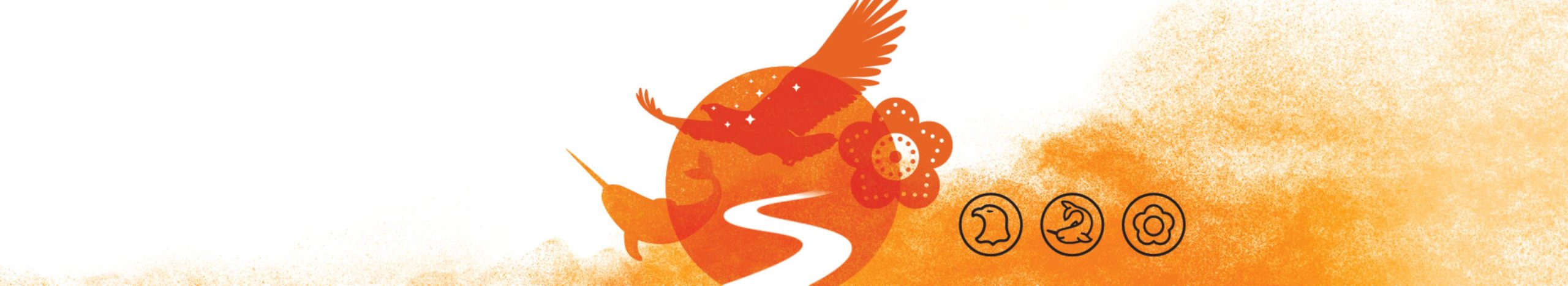 Truth & Reconciliation orange banner with eagle, narwhal, flower, moon and river