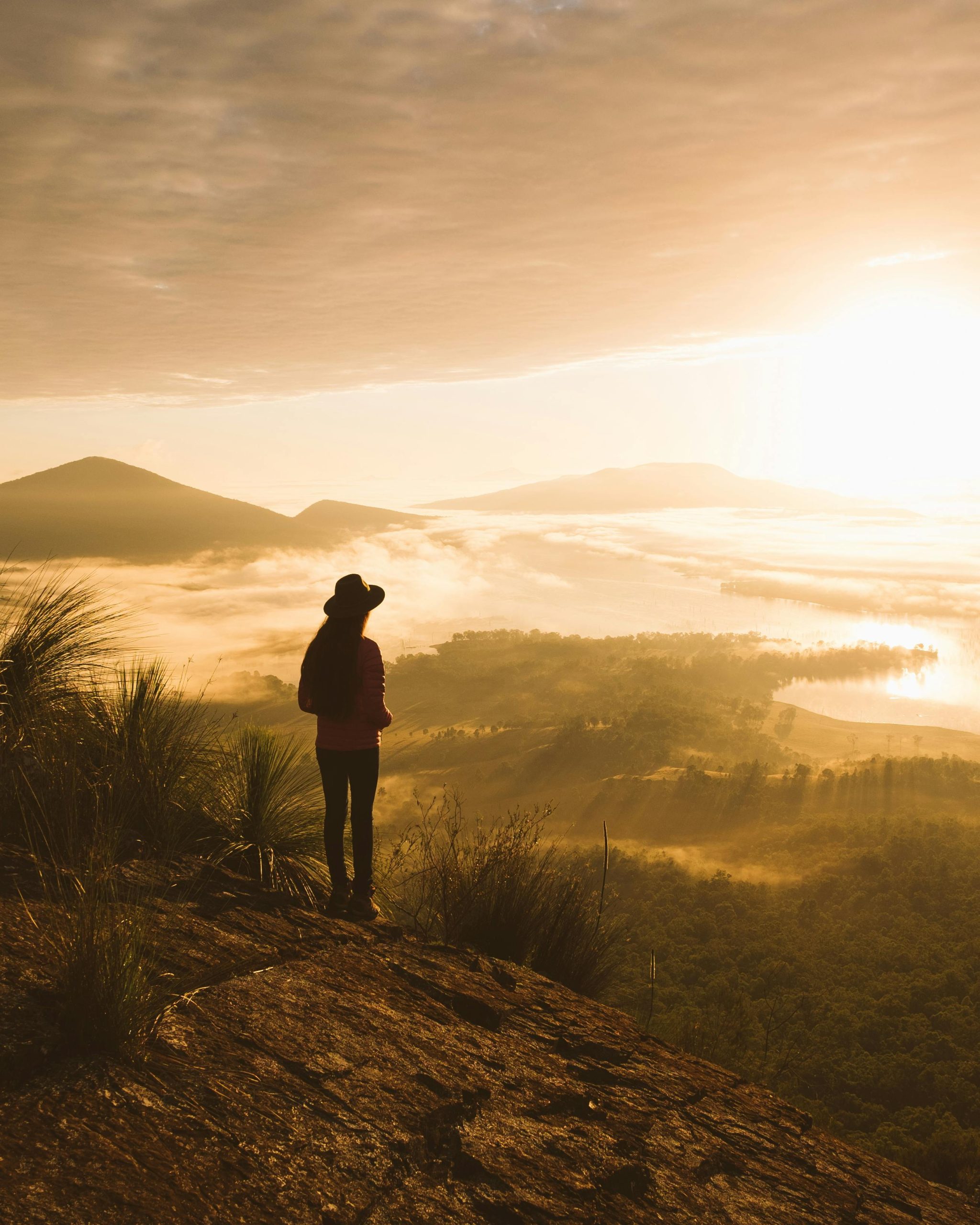 Sunsetting over horizon with a woman looking on. Sepia toned